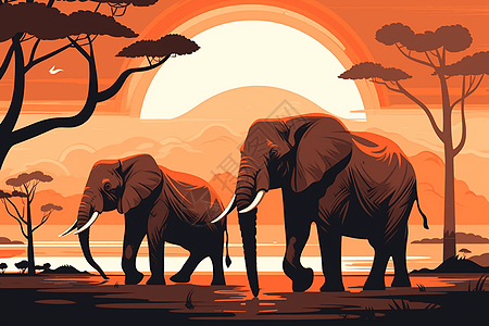 落日行走的大象图片