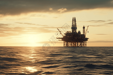 日出时的海上石油钻井平台背景图片
