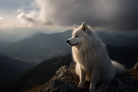 山上的萨摩耶犬图片