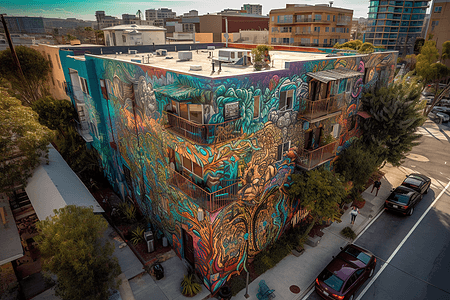 城市中涂鸦的居民楼背景图片