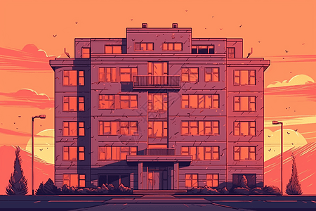 日落时建筑物的卡通平面插图背景图片