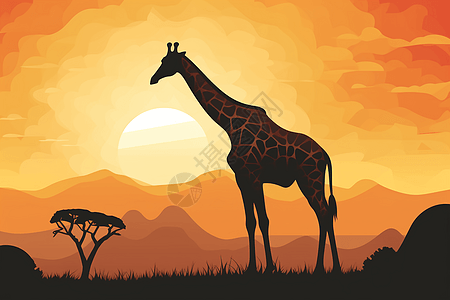 一只优雅的长颈鹿高高耸立在沙漠日落中图片