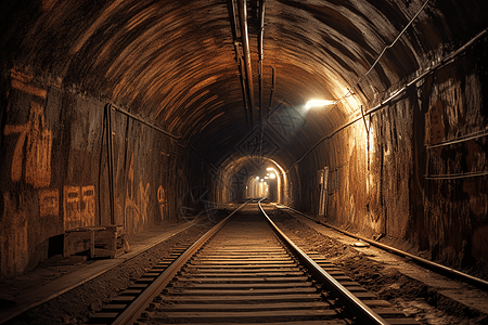 带有运输轨道的矿井隧道图片