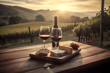 红酒和奶酪红酒葡萄园高清图片
