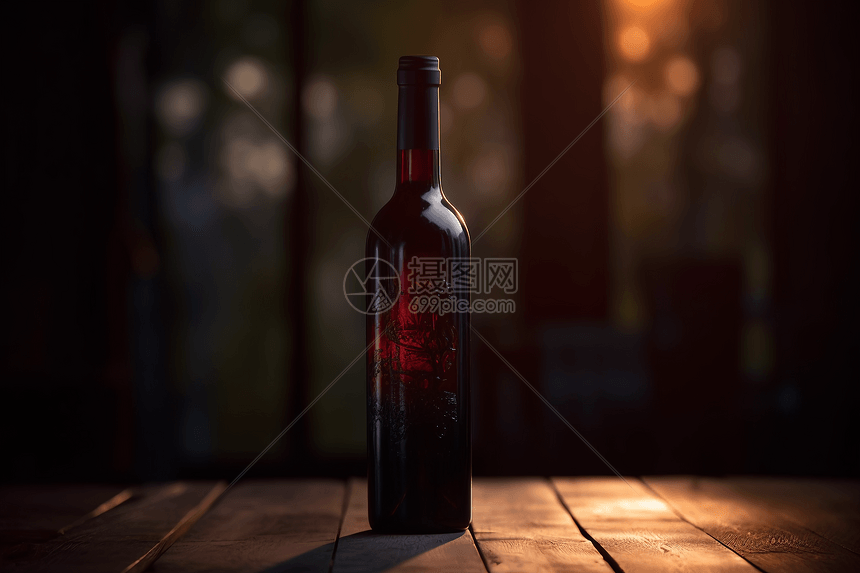 红酒瓶放在木桌上图片