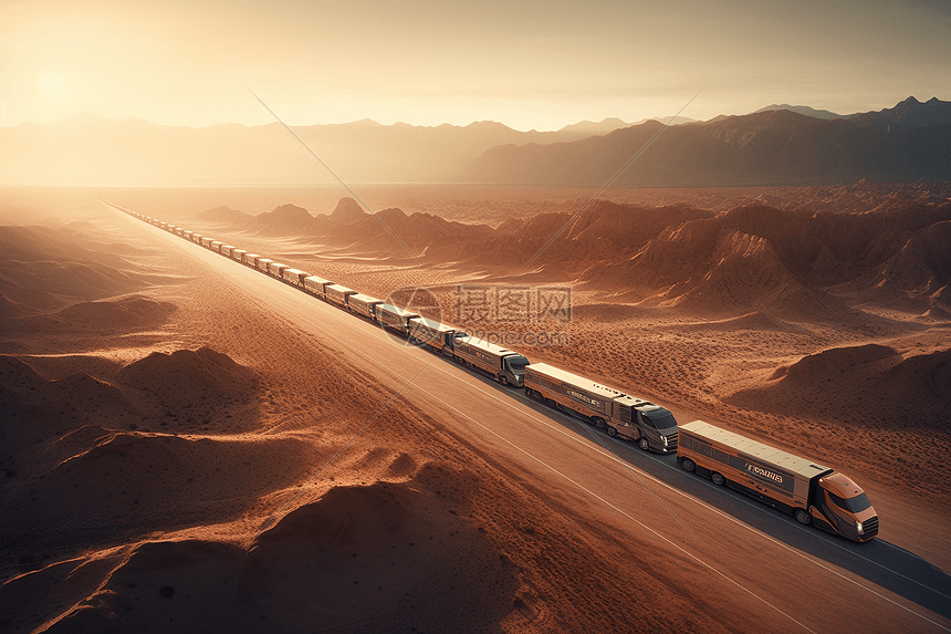鸟瞰无人驾驶卡车在广阔的沙漠中图片