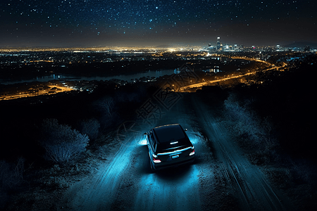 自动驾驶汽车穿过布满星星的夜空图片