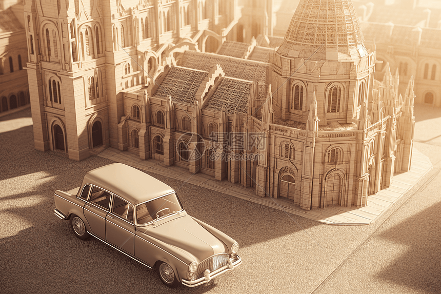 欧洲大教堂前的老式汽车图片