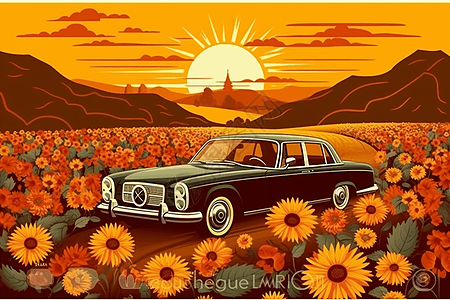 汽车驶过乡间美丽的向日葵图片
