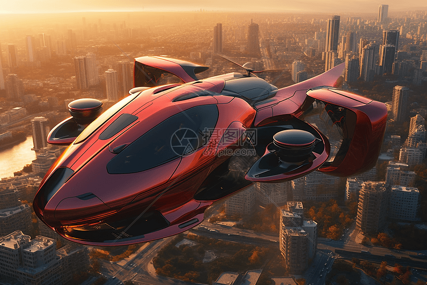 一辆未来飞行汽车在城市上空盘旋图片
