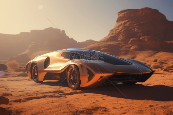 未来主义的汽车漂浮在沙漠上图片