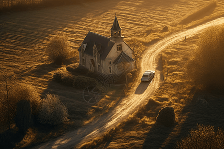 汽车行驶在小乡村教堂的碎石路上图片