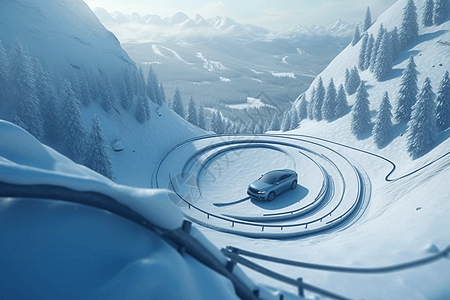 汽车上的雪雪山公路弯道上行驶的汽车插画