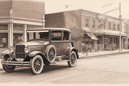 小镇复古汽车线稿背景图片
