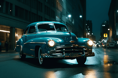 夜晚城市中的复古汽车图片