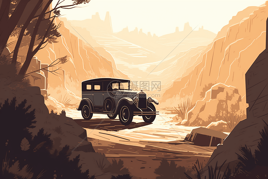 老式汽车中午驶过峡谷图片