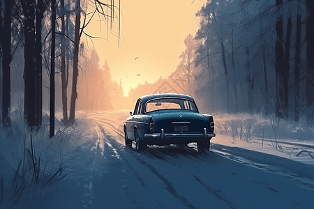 汽车穿越冬季的森林图片