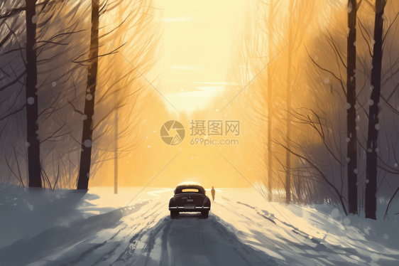 汽车在日出时驶过冬季森林图片