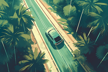 汽车在棕榈树成荫的道路上行驶图片