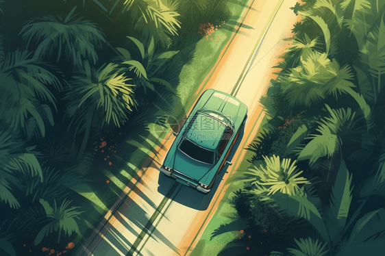 环保的汽车在棕榈树成荫的道路上行驶图片