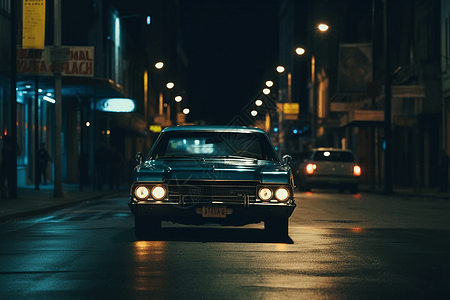 老式汽车在夜晚的街道上图片