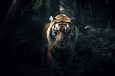 夜晚森林中的凶猛老虎背景图片