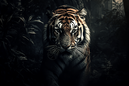 夜晚森林中的老虎图片