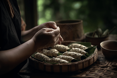 端午节卖家在包粽子背景