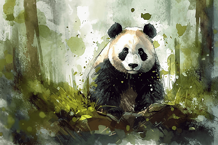 竹林中可爱的水彩熊猫图片