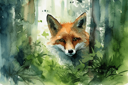 森林狐狸水彩画图片