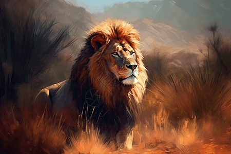 草原上的狮子油画背景图片
