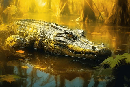 沼泽中栖息的鳄鱼图片