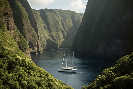 一艘停泊在宁静海湾的风力涡轮机船图片