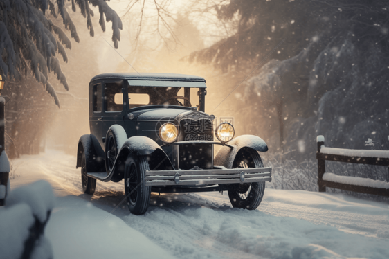 老式汽车在冰雪覆盖的景观中行驶图片