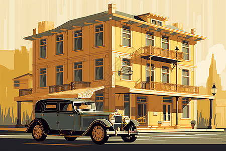 老式酒店前的古董汽车图片