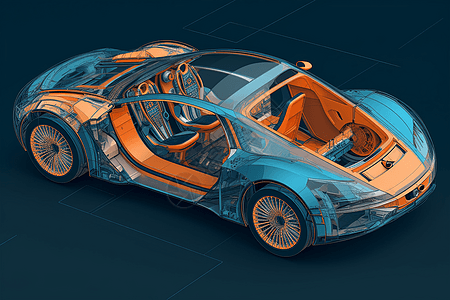 汽车内部细节未来汽车的横截面视图插画
