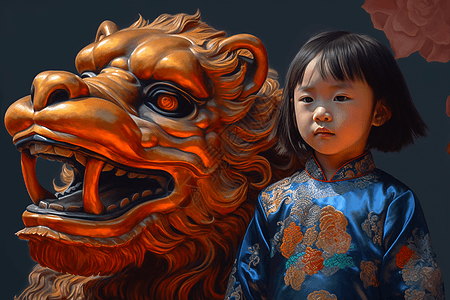中国风小女孩和铜狮子合影图片