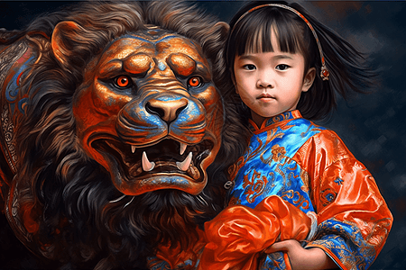 中国风可爱漂亮小女孩和狮子图片