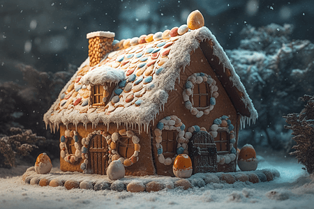 雪天仙境中的姜饼屋图片