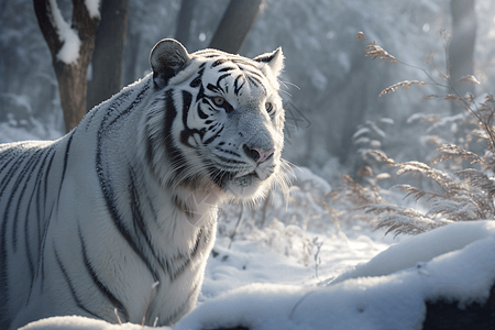 白雪雪地中的白虎图片