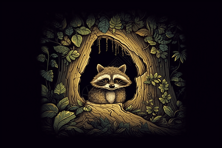 卡通树洞中的浣熊背景图片