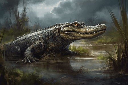 沼泽中的恐怖鳄鱼高清图片