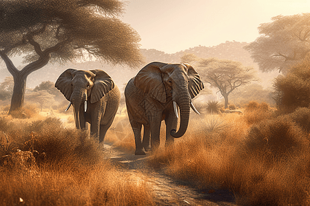 草原的小道上行走的大象图片