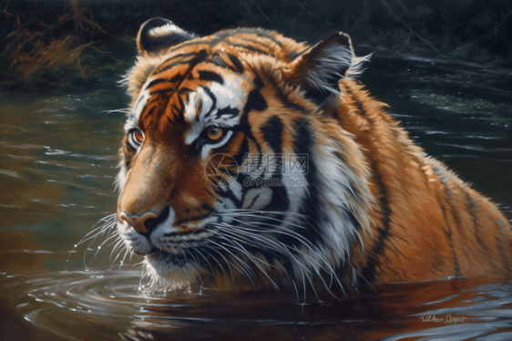 湖中游泳的老虎图片