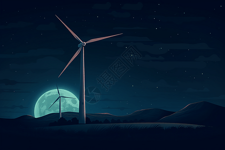 夜间风力涡轮机的平面插图图片