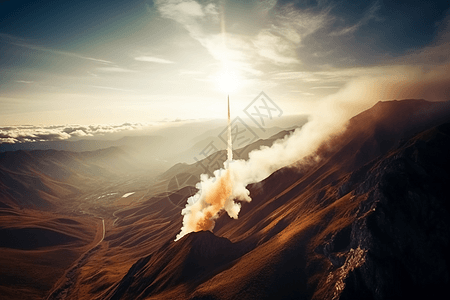 在山脉上发射的火箭图片