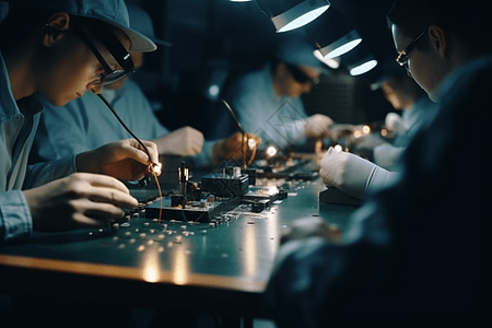 工人们在焊接电子元件图片