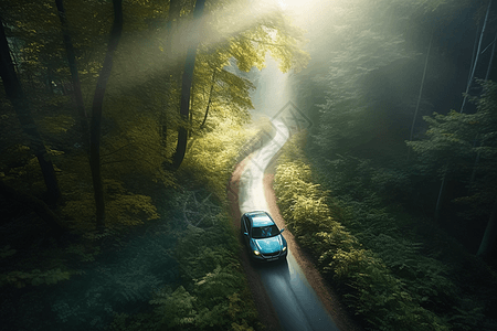 森林里行驶的汽车图片
