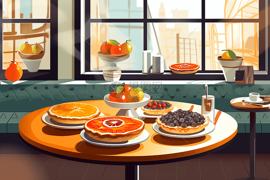 时尚咖啡馆里的五颜六色水果馅饼，内部别致现代。风格: 平面插图。图片