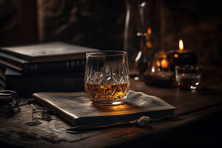 小木屋里的一杯威士忌图片
